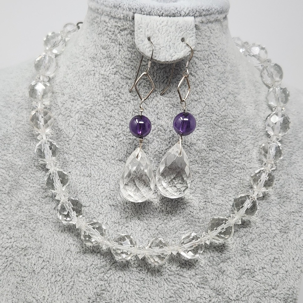 Vintage Clear Faceted Crystal Necklace and Dangle Earrings Set Art Deco Regency